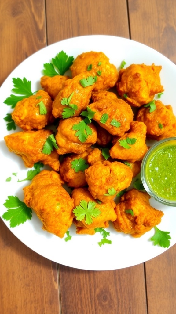 Crispy Chicken 65 Recipe in Air Fryer Crispy Chicken 65 served with mint chutney, garnished with curry leaves and coriander.